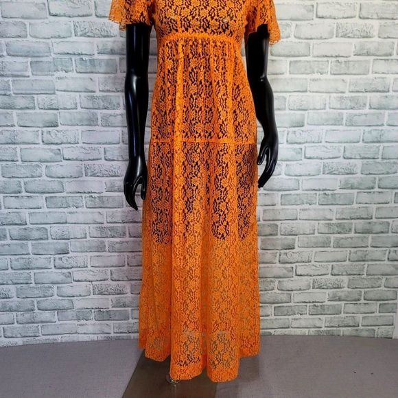 Vintage 70s Bright Orange Lace Popover Sheer Empire Waist Maxi Dress Boho Hippie - Picture 3 of 8